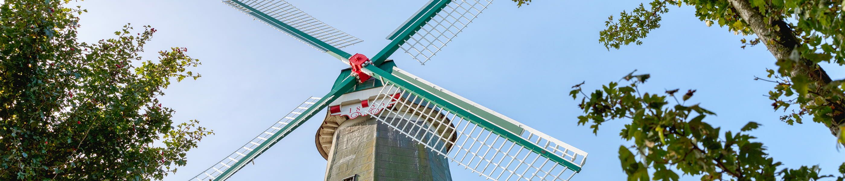Detailansicht einer Windmühle mit Flügeln und Umgebung